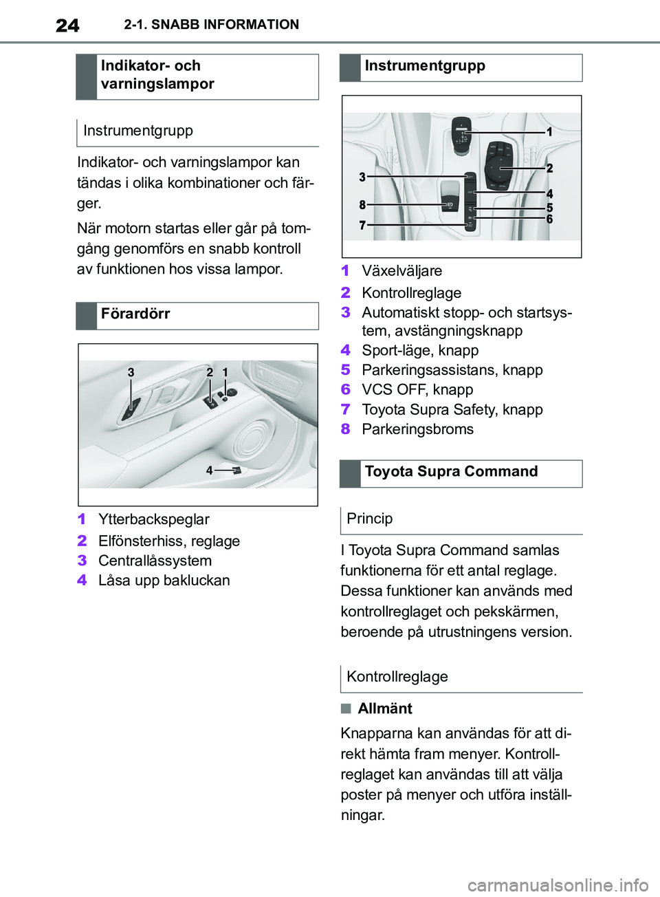 TOYOTA SUPRA 2019 Bruksanvisningar (in Swedish) 24
Supras instruktionsbok2-1. SNABB INFORMATION
Indikator- och varningslampor kan
tändas i olika kombinationer och fär-
ger.
När motorn startas eller går på tom-
gång genomförs en snabb kontro TOYOTA SUPRA 2019 Bruksanvisningar (in Swedish) 24
Supras instruktionsbok2-1. SNABB INFORMATION
Indikator- och varningslampor kan
tändas i olika kombinationer och fär-
ger.
När motorn startas eller går på tom-
gång genomförs en snabb kontro