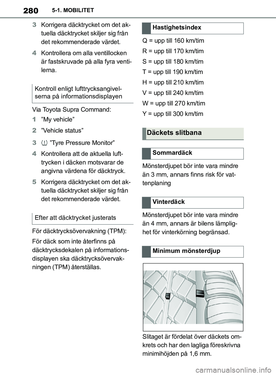 TOYOTA SUPRA 2019  Bruksanvisningar (in Swedish) 280
Supras instruktionsbok5-1. MOBILITET
3
Korrigera däcktrycket om det ak-
tuella däcktrycket skiljer sig från 
det rekommenderade värdet.
4 Kontrollera om alla ventillocken 
är fastskruvade på