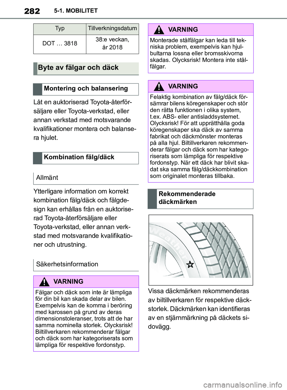 TOYOTA SUPRA 2019  Bruksanvisningar (in Swedish) 282
Supras instruktionsbok5-1. MOBILITET
Låt en auktoriserad Toyota-återför-
säljare eller Toyota-verkstad, eller 
annan verkstad med motsvarande 
kvalifikationer montera och balanse-
ra hjulet.
Y