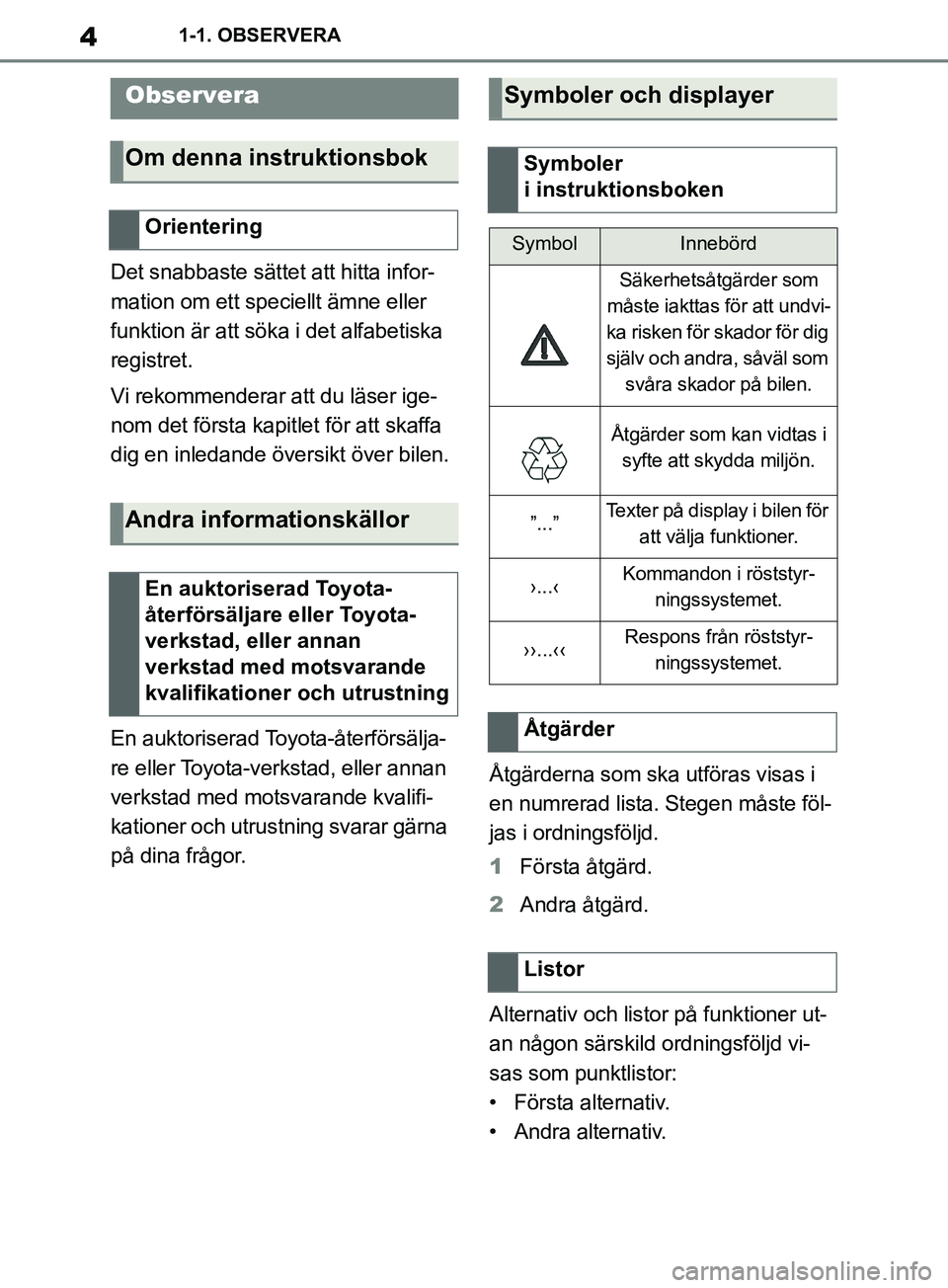 TOYOTA SUPRA 2019 Bruksanvisningar (in Swedish) 4
Supras instruktionsbok1-1. OBSERVERA
1-1.OBSERVERA
Det snabbaste sättet att hitta infor-
mation om ett speciellt ämne eller
funktion är att söka i det alfabetiska
registret.
Vi rekommenderar a TOYOTA SUPRA 2019 Bruksanvisningar (in Swedish) 4
Supras instruktionsbok1-1. OBSERVERA
1-1.OBSERVERA
Det snabbaste sättet att hitta infor-
mation om ett speciellt ämne eller
funktion är att söka i det alfabetiska
registret.
Vi rekommenderar a