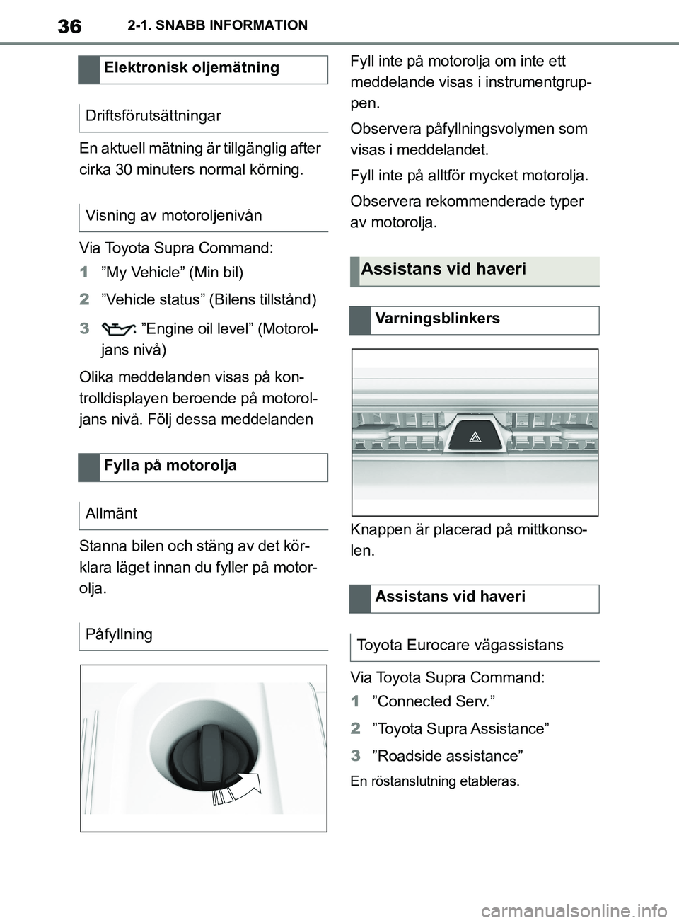 TOYOTA SUPRA 2019  Bruksanvisningar (in Swedish) 36
Supras instruktionsbok2-1. SNABB INFORMATION
En aktuell mätning är tillgänglig after 
cirka 30 minuters normal körning.
Via Toyota Supra Command:
1
”My Vehicle” (Min bil)
2 ”Vehicle statu