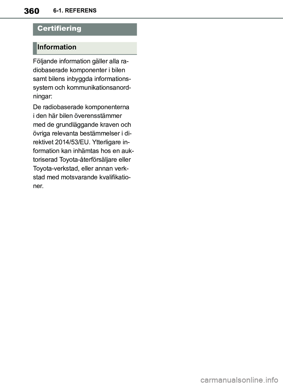 TOYOTA SUPRA 2019 Bruksanvisningar (in Swedish) 360
Supras instruktionsbok6-1. REFERENS
Följande information gäller alla ra-
diobaserade komponenter i bilen
samt bilens inbyggda informations-
system och kommunikationsanord-
ningar:
De radiobaser TOYOTA SUPRA 2019 Bruksanvisningar (in Swedish) 360
Supras instruktionsbok6-1. REFERENS
Följande information gäller alla ra-
diobaserade komponenter i bilen
samt bilens inbyggda informations-
system och kommunikationsanord-
ningar:
De radiobaser