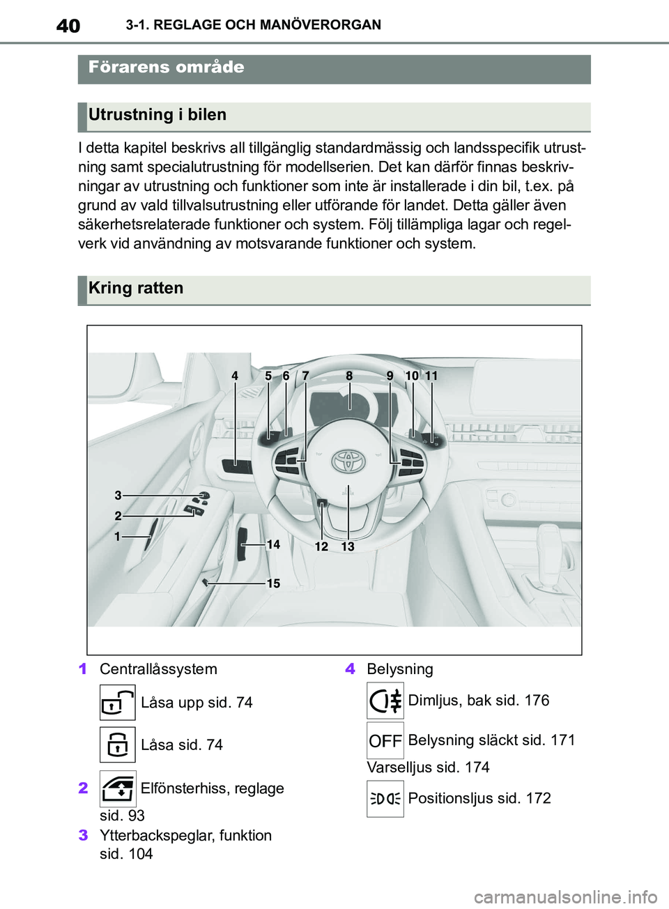 TOYOTA SUPRA 2019 Bruksanvisningar (in Swedish) 40
Supras instruktionsbok3-1. REGLAGE OCH MANÖVERORGAN
3-1.REGLAGE OCH MANÖVERORGAN
I detta kapitel beskrivs all tillgänglig standardmässig oc
h landsspecifik utrust-
ning samt specialutrustning f TOYOTA SUPRA 2019 Bruksanvisningar (in Swedish) 40
Supras instruktionsbok3-1. REGLAGE OCH MANÖVERORGAN
3-1.REGLAGE OCH MANÖVERORGAN
I detta kapitel beskrivs all tillgänglig standardmässig oc
h landsspecifik utrust-
ning samt specialutrustning f
