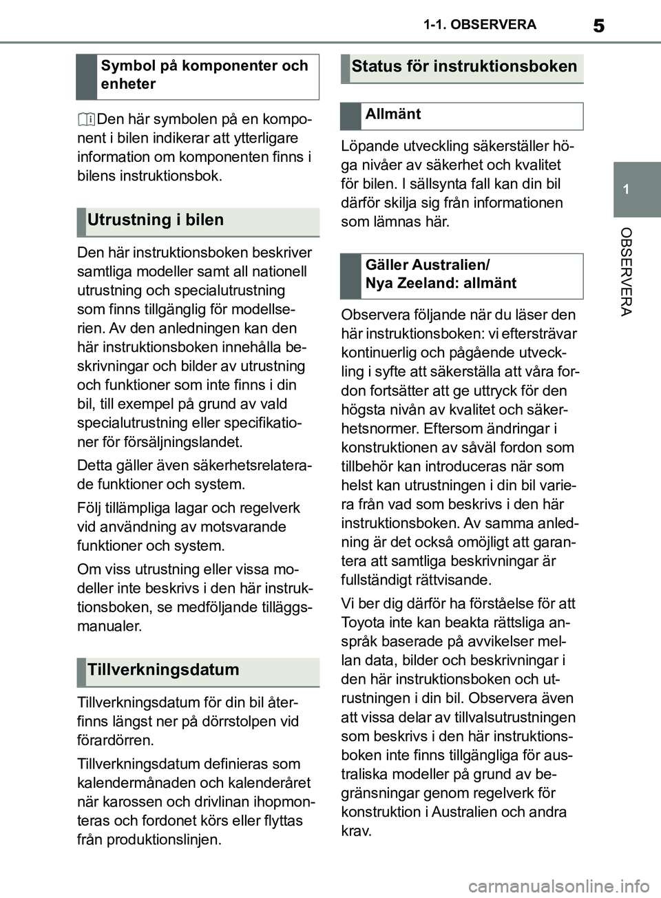 TOYOTA SUPRA 2019 Bruksanvisningar (in Swedish) 5
1
Supras instruktionsbok 1-1. OBSERVERA
OBSERVERA
Den här symbolen på en kompo-
nent i bilen indikerar att ytterligare
information om komponenten finns i
bilens instruktionsbok.
Den här instruk TOYOTA SUPRA 2019 Bruksanvisningar (in Swedish) 5
1
Supras instruktionsbok 1-1. OBSERVERA
OBSERVERA
Den här symbolen på en kompo-
nent i bilen indikerar att ytterligare
information om komponenten finns i
bilens instruktionsbok.
Den här instruk