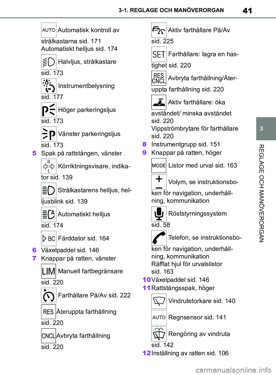 TOYOTA SUPRA 2019 Bruksanvisningar (in Swedish) 41
3
Supras instruktionsbok 3-1. REGLAGE O
CH MANÖVERORGAN
REGLAGE OCH MANÖVERORGAN
Automatisk kontroll av
strålkastarna sid. 171
Automatiskt helljus sid. 174
Halvljus, strålkastare
sid. 173
TOYOTA SUPRA 2019 Bruksanvisningar (in Swedish) 41
3
Supras instruktionsbok 3-1. REGLAGE O
CH MANÖVERORGAN
REGLAGE OCH MANÖVERORGAN
Automatisk kontroll av
strålkastarna sid. 171
Automatiskt helljus sid. 174
Halvljus, strålkastare
sid. 173