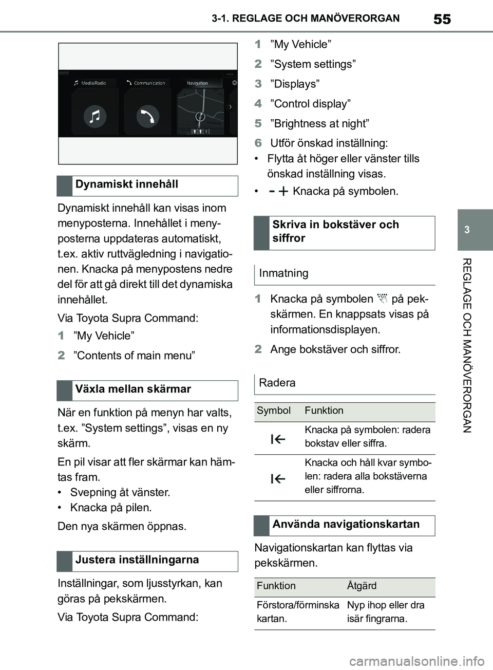 TOYOTA SUPRA 2019  Bruksanvisningar (in Swedish) 55
3
Supras instruktionsbok 3-1. REGLAGE O
CH MANÖVERORGAN
REGLAGE OCH MANÖVERORGAN
Dynamiskt innehåll kan visas inom 
menyposterna. Innehållet i meny-
posterna uppdateras automatiskt, 
t.ex. akti