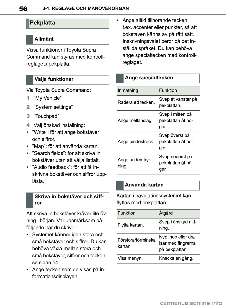 TOYOTA SUPRA 2019  Bruksanvisningar (in Swedish) 56
Supras instruktionsbok3-1. REGLAGE OCH MANÖVERORGAN
Vissa funktioner i Toyota Supra 
Command kan styras med kontroll-
reglagets pekplatta.
Via Toyota Supra Command:
1
”My Vehicle”
2 ”System 