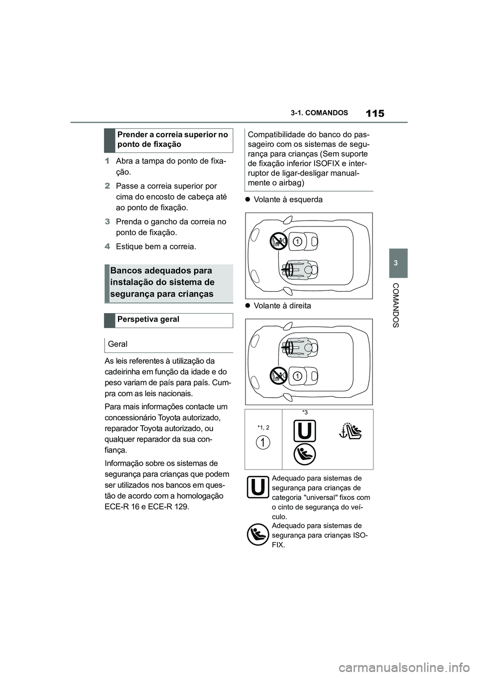 TOYOTA SUPRA 2019 Manual de utilização (in Portuguese) 115
3
Supra Owner's Manual 3-1. COMANDOS
COMANDOS
1
Abra a tampa do ponto de fixa -
ção.
2 Passe a correia superior por
c
ima do encosto de cabeça até
ao ponto de fixação.
3 Prenda o ganc TOYOTA SUPRA 2019 Manual de utilização (in Portuguese) 115
3
Supra Owner's Manual 3-1. COMANDOS
COMANDOS
1
Abra a tampa do ponto de fixa -
ção.
2 Passe a correia superior por
c
ima do encosto de cabeça até
ao ponto de fixação.
3 Prenda o ganc