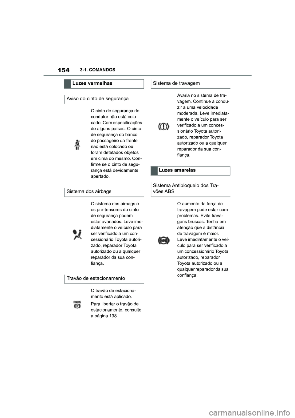 TOYOTA SUPRA 2019 Manual de utilização (in Portuguese) 154
Supra Owner's Manual3-1. COMANDOS
Luzes vermelhas
Aviso do cinto de segurança
O cinto de segurança do
condutor não está colo
-
cado. Com especificações
d e
alguns países: O cinto
d TOYOTA SUPRA 2019 Manual de utilização (in Portuguese) 154
Supra Owner's Manual3-1. COMANDOS
Luzes vermelhas
Aviso do cinto de segurança
O cinto de segurança do
condutor não está colo
-
cado. Com especificações
d e
alguns países: O cinto
d