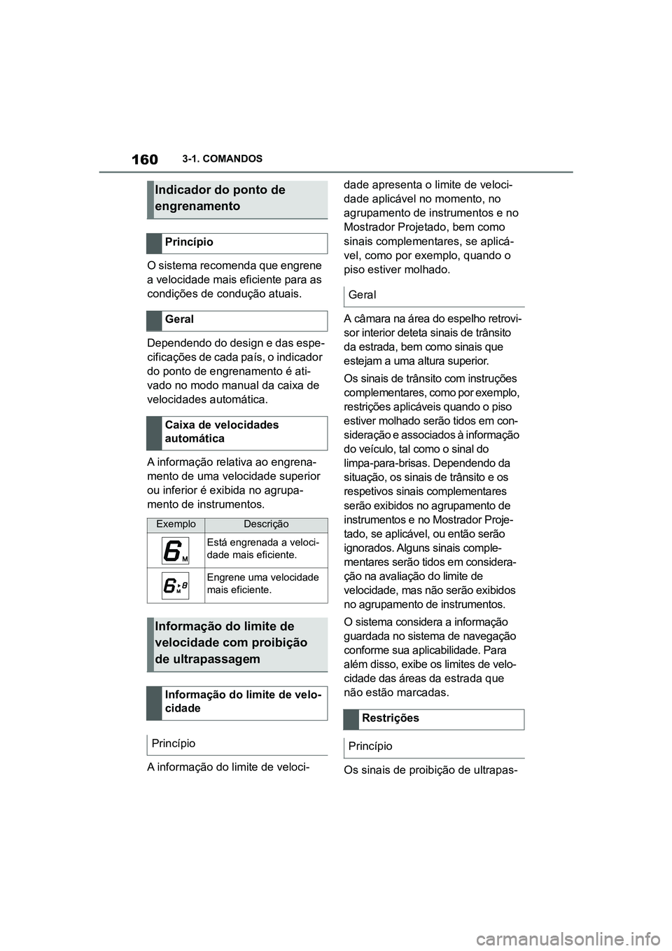 TOYOTA SUPRA 2019 Manual de utilização (in Portuguese) 160
Supra Owner's Manual3-1. COMANDOS
O sistema recomenda que engrene
a velocidade mais eficiente para as
condições de condução atuais.
Dependendo do design e das espe
-
cificações de cad TOYOTA SUPRA 2019 Manual de utilização (in Portuguese) 160
Supra Owner's Manual3-1. COMANDOS
O sistema recomenda que engrene
a velocidade mais eficiente para as
condições de condução atuais.
Dependendo do design e das espe
-
cificações de cad