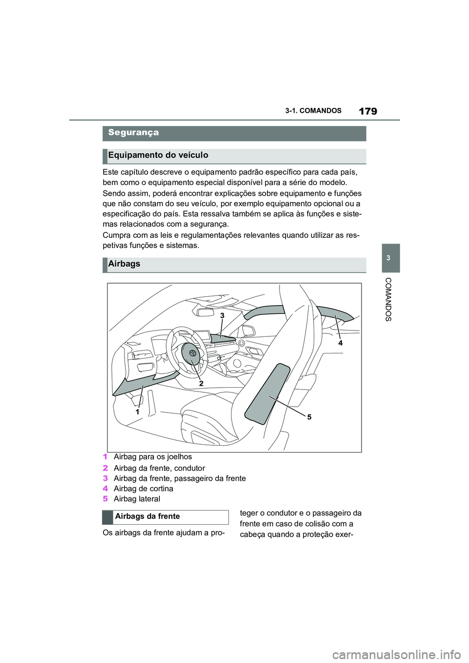 TOYOTA SUPRA 2019 Manual de utilização (in Portuguese) 179
3
Supra Owner's Manual 3-1. COMANDOS
COMANDOS
Este capítulo descreve o equipamento padrão específico para cada país,
bem como o equipamento especial disponível para a série do modelo.
S TOYOTA SUPRA 2019 Manual de utilização (in Portuguese) 179
3
Supra Owner's Manual 3-1. COMANDOS
COMANDOS
Este capítulo descreve o equipamento padrão específico para cada país,
bem como o equipamento especial disponível para a série do modelo.
S