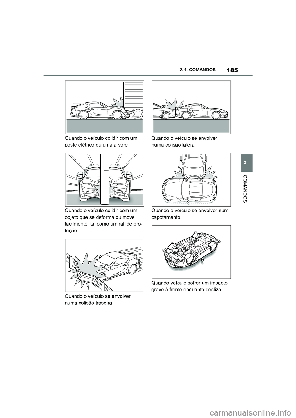 TOYOTA SUPRA 2019 Manual de utilização (in Portuguese) 185
3
Supra Owner's Manual 3-1. COMANDOS
COMANDOS
Quando o veículo colidir com um
poste elétrico ou uma árvore
Quando o veículo colidir com um
o
b
jeto que se deforma ou move
facilmente, t TOYOTA SUPRA 2019 Manual de utilização (in Portuguese) 185
3
Supra Owner's Manual 3-1. COMANDOS
COMANDOS
Quando o veículo colidir com um
poste elétrico ou uma árvore
Quando o veículo colidir com um
o
b
jeto que se deforma ou move
facilmente, t