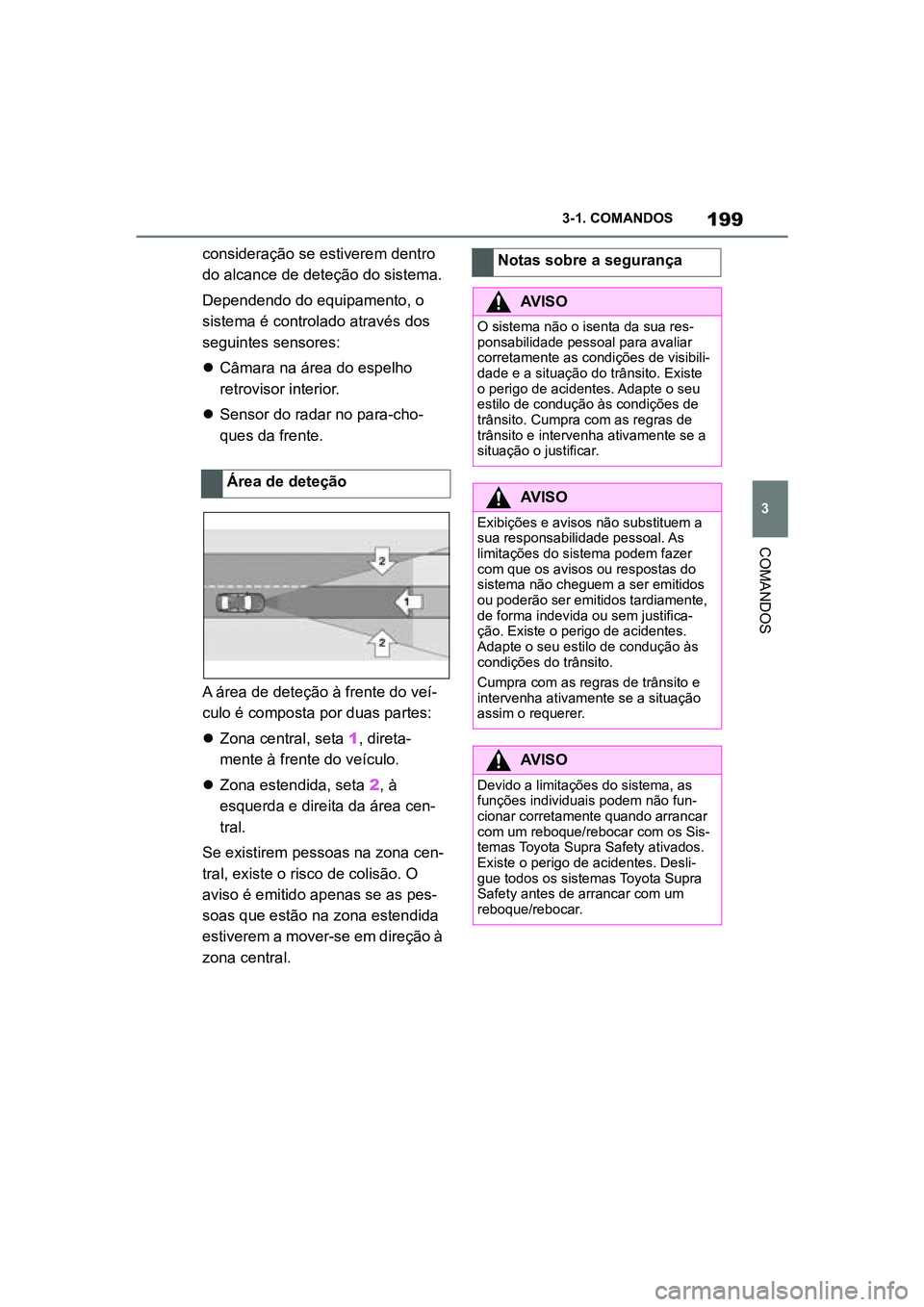 TOYOTA SUPRA 2019 Manual de utilização (in Portuguese) 199
3
Supra Owner's Manual 3-1. COMANDOS
COMANDOS
consideração se estiverem dentro
do alcance de deteção do sistema.
Dependendo do equipamento, o
si
stema é controlado através dos
segui TOYOTA SUPRA 2019 Manual de utilização (in Portuguese) 199
3
Supra Owner's Manual 3-1. COMANDOS
COMANDOS
consideração se estiverem dentro
do alcance de deteção do sistema.
Dependendo do equipamento, o
si
stema é controlado através dos
segui