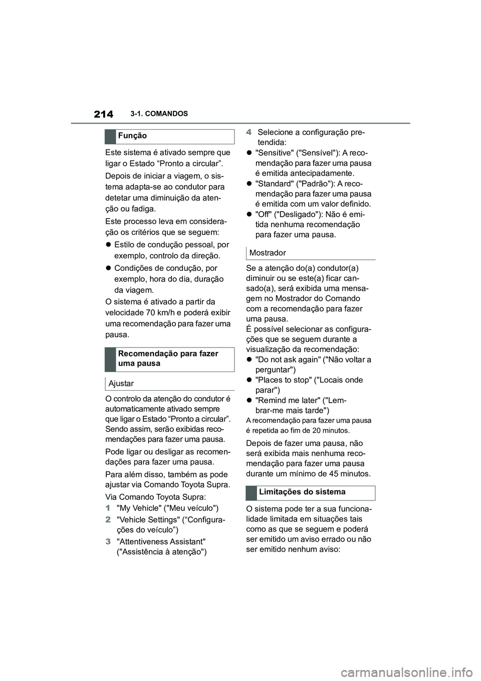 TOYOTA SUPRA 2019  Manual de utilização (in Portuguese) 214
Supra Owner's Manual3-1. COMANDOS
Este sistema é ativado sempre que 
ligar o Estado “Pronto a circular”.
Depois de iniciar a viagem, o sis
-
tema adapta-se ao condutor para 
de
 tetar uma