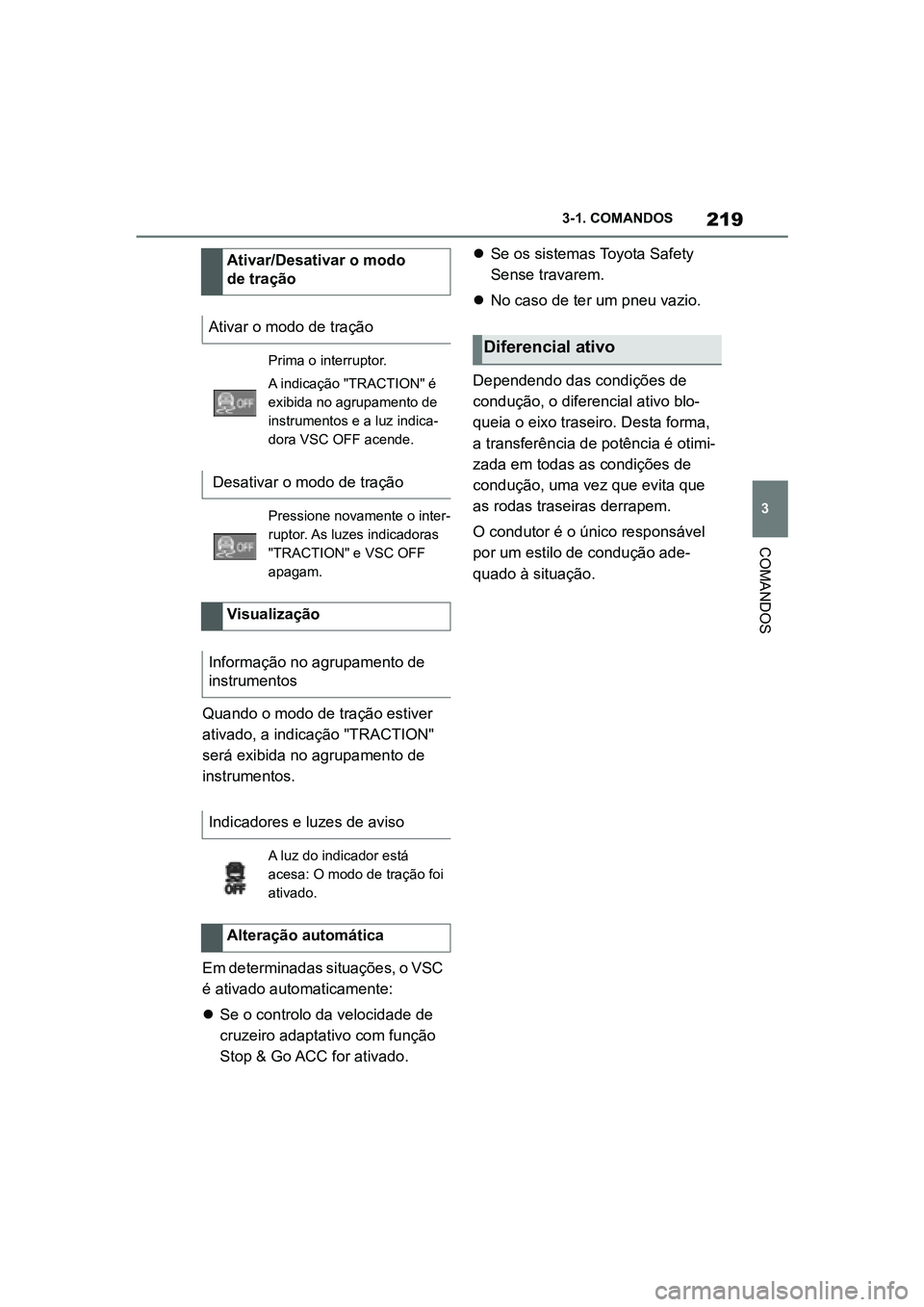 TOYOTA SUPRA 2019  Manual de utilização (in Portuguese) 219
3
Supra Owner's Manual 3-1. COMANDOS
COMANDOS
Quando o modo de tração estiver 
ativado, a indicação "TRACTION" 
será exibida no agrupamento de 
instrumentos. 
Em determinadas situ