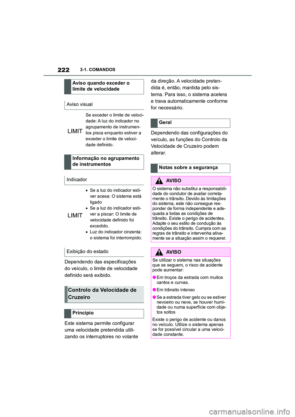 TOYOTA SUPRA 2019  Manual de utilização (in Portuguese) 222
Supra Owner's Manual3-1. COMANDOS
Dependendo das especificações 
do veículo, o limite de velocidade 
definido será exibido. 
Este sistema permite configurar 
u
m

a velocidade pretendida u