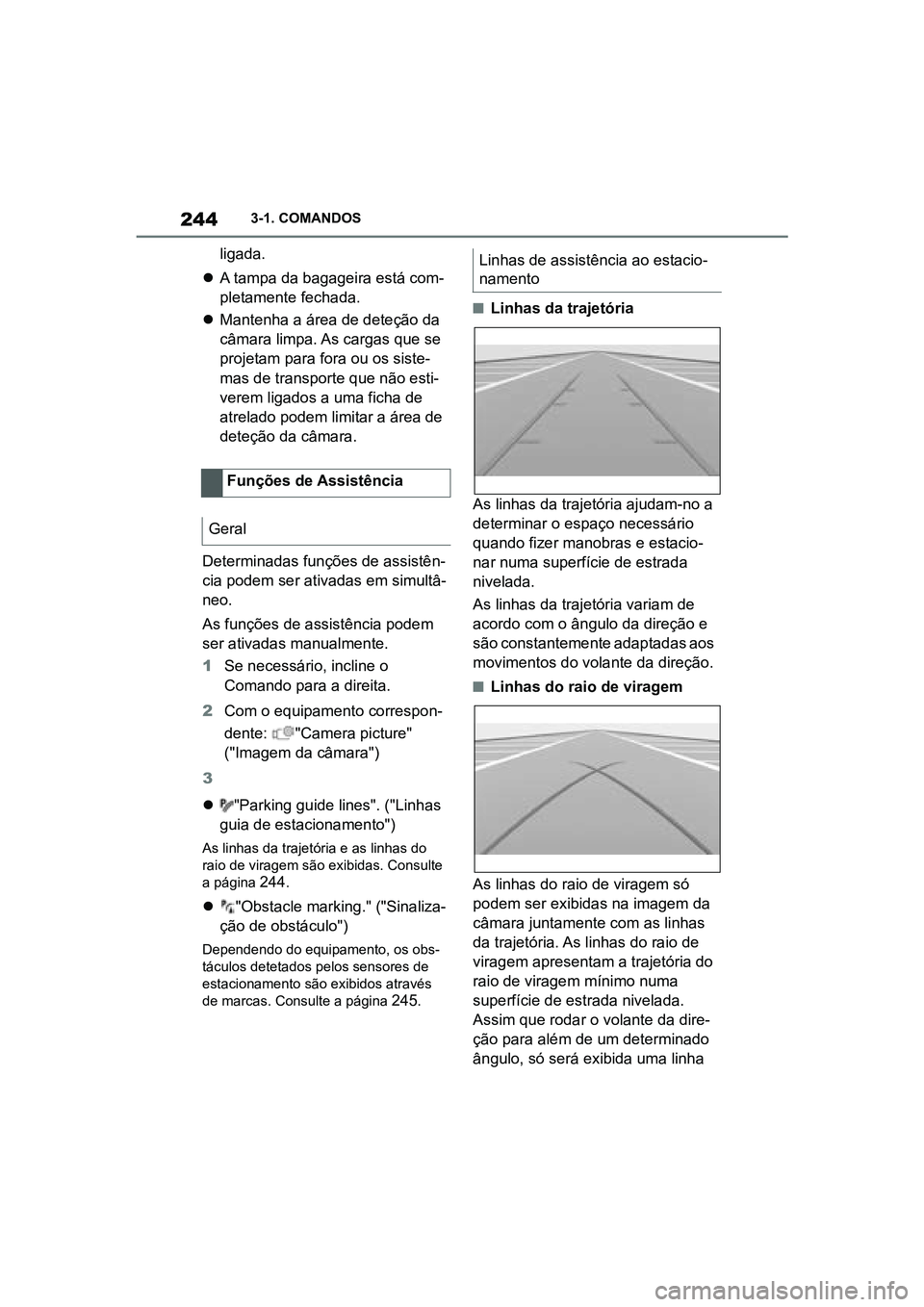TOYOTA SUPRA 2019  Manual de utilização (in Portuguese) 244
Supra Owner's Manual3-1. COMANDOS
ligada. 
 A tampa da bagageira está com -
p
 letamente fechada. 
 Mantenha a área de deteção da 
c

âmara limpa. As cargas que se 
projetam para fo