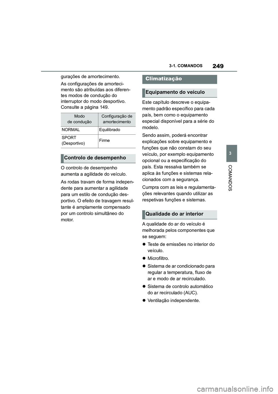 TOYOTA SUPRA 2019  Manual de utilização (in Portuguese) 249
3
Supra Owner's Manual 3-1. COMANDOS
COMANDOS
gurações de amortecimento.
As configurações de amorteci
-
mento são atribuídas aos diferen -
tes modos de condução do 
in
 terruptor do mo