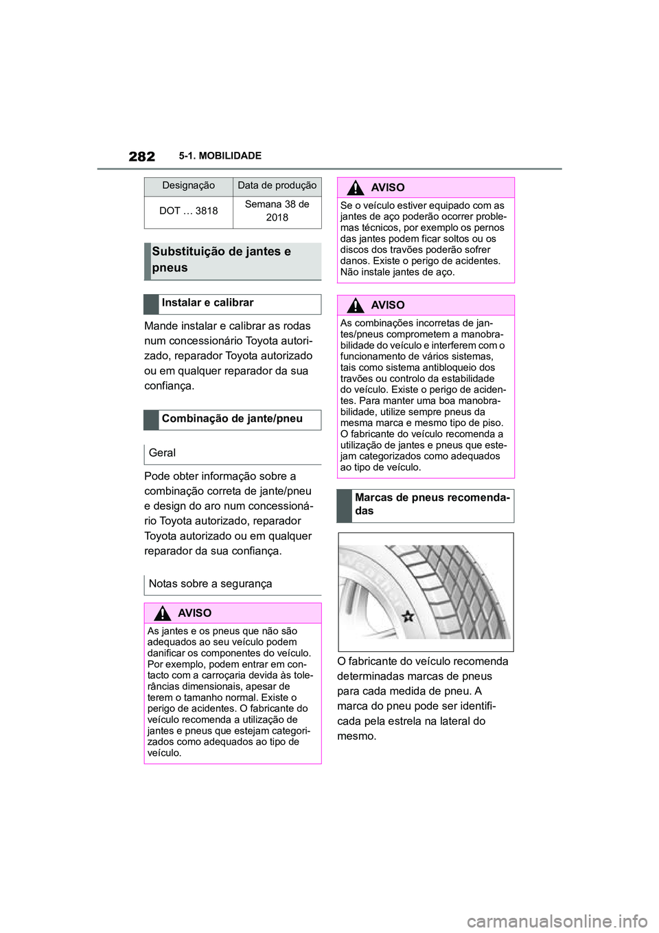 TOYOTA SUPRA 2019  Manual de utilização (in Portuguese) 282
Supra Owner's Manual5-1. MOBILIDADE
Mande instalar e calibrar as rodas 
num concessionário Toyota autori
-
zado, reparador Toyota autorizado 
ou
  em qualquer reparador da sua 
confiança. 
P
