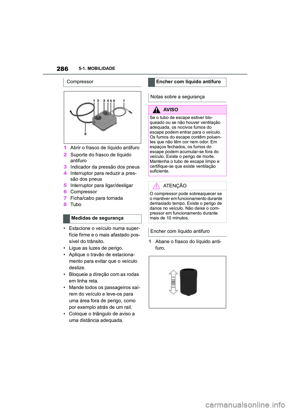 TOYOTA SUPRA 2019  Manual de utilização (in Portuguese) 286
Supra Owner's Manual5-1. MOBILIDADE
1
Abrir o frasco de líquido antifuro
2 Suporte do frasco de líquido 
a

ntifuro
3 Indicador da pressão dos pneus
4 Interruptor para reduzir a pres -
s
 