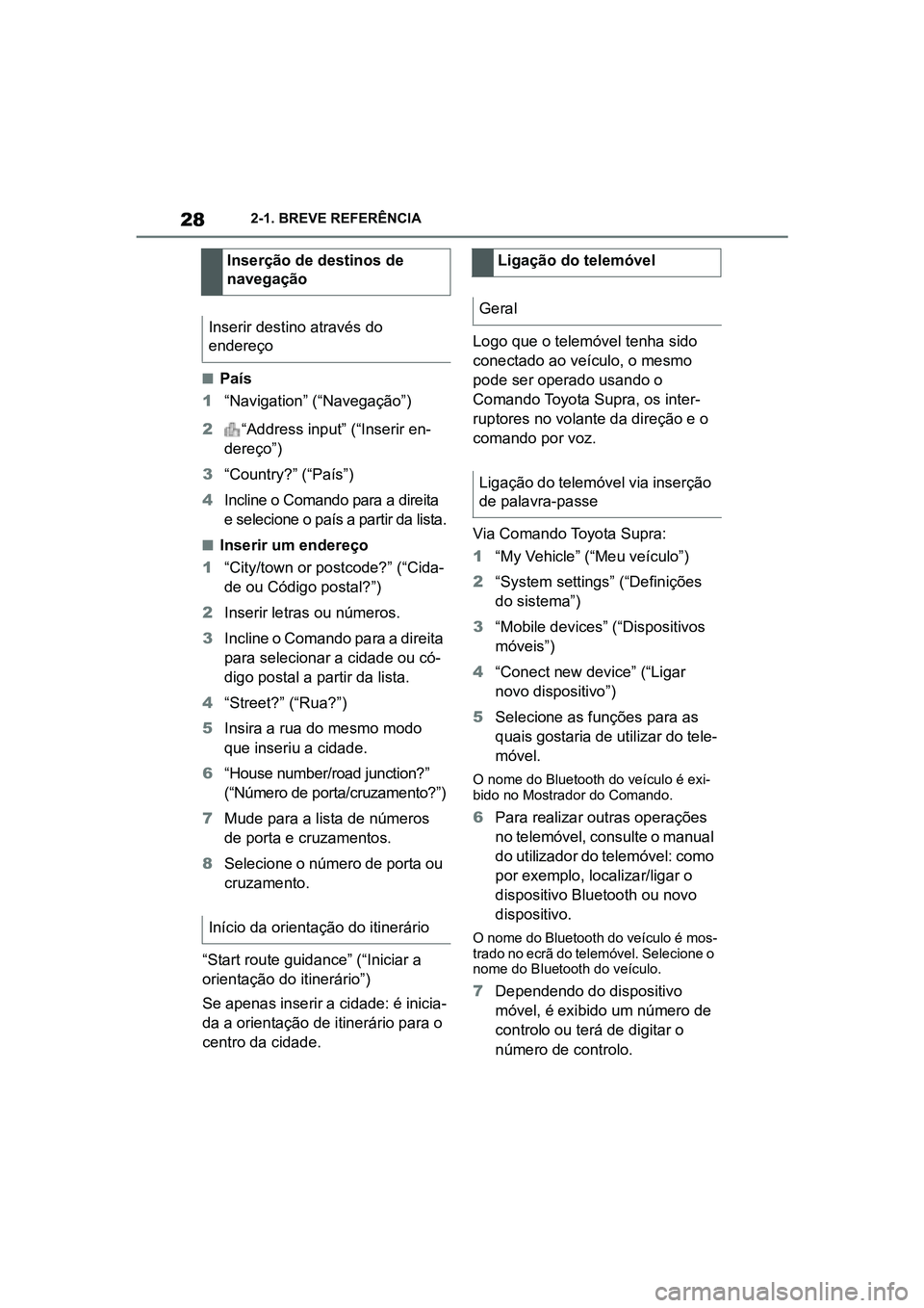 TOYOTA SUPRA 2019  Manual de utilização (in Portuguese) 28
Supra Owner's Manual2-1. BREVE REFERÊNCIA
nPaís
1 “Navigation” (“Navegação”)
2 “

Address input” (“Inserir en -
dereço”)
3 “Country?” (“País”)
4 Incline o Comando 
