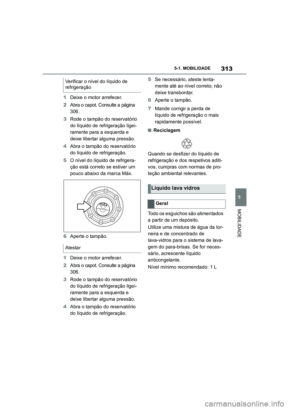 TOYOTA SUPRA 2019  Manual de utilização (in Portuguese) 313
5
Supra Owner's Manual 5-1. MOBILIDADE
MOBILIDADE
1
Deixe o motor arrefecer.
2 Abra o capot. Consulte a página 
3

06.
3 Rode o tampão do reservatório 
d

o líquido de refrigeração ligei