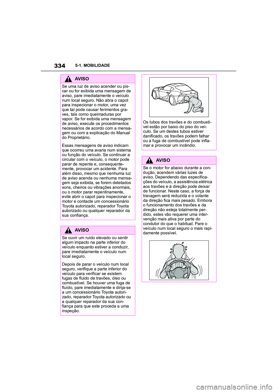 TOYOTA SUPRA 2019  Manual de utilização (in Portuguese) 334
Supra Owner's Manual5-1. MOBILIDADE
AVISO
Se uma luz de aviso acender ou pis
-
car ou for exibida uma mensagem de 
a v
iso, pare imediatamente o veículo 
num local seguro. Não abra o capot 
