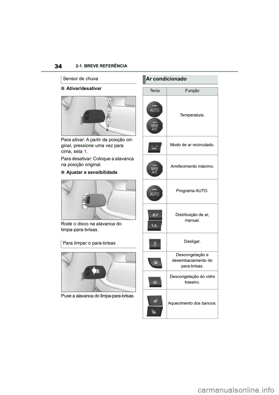 TOYOTA SUPRA 2019 Manual de utilização (in Portuguese) 34
Supra Owner's Manual2-1. BREVE REFERÊNCIA
nAtivar/desativar
Para ativar: A partir da posição ori -
ginal, pressione uma vez para
ci
ma, seta 1.
Para desativar: Coloque a alavanca
na
po TOYOTA SUPRA 2019 Manual de utilização (in Portuguese) 34
Supra Owner's Manual2-1. BREVE REFERÊNCIA
nAtivar/desativar
Para ativar: A partir da posição ori -
ginal, pressione uma vez para
ci
ma, seta 1.
Para desativar: Coloque a alavanca
na
po