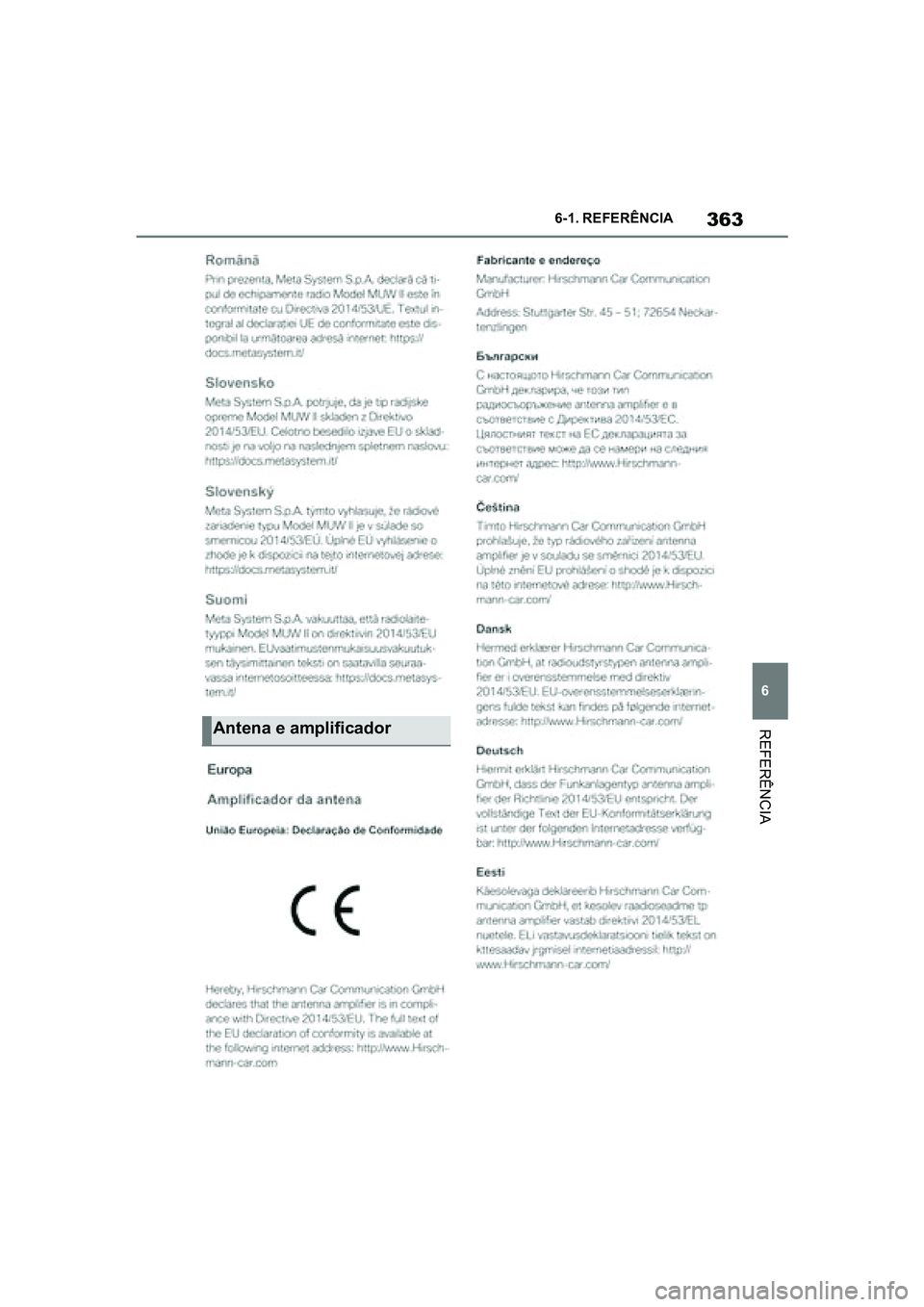 TOYOTA SUPRA 2019  Manual de utilização (in Portuguese) 363
6
Supra Owner's Manual 6-1. REFERÊNCIA
REFERÊNCIAAntena e amplificador
Supra_OM_Europe_OM99T05PT_1_1903.book  Page 363  Thursday, June 13, 2019  11:51 AM 