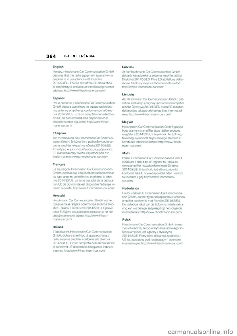 TOYOTA SUPRA 2019  Manual de utilização (in Portuguese) 364
Supra Owner's Manual6-1. REFERÊNCIA
Supra_OM_Europe_OM99T05PT_1_1903.book  Page 364  Thursday, June 13, 2019  11:51 AM 