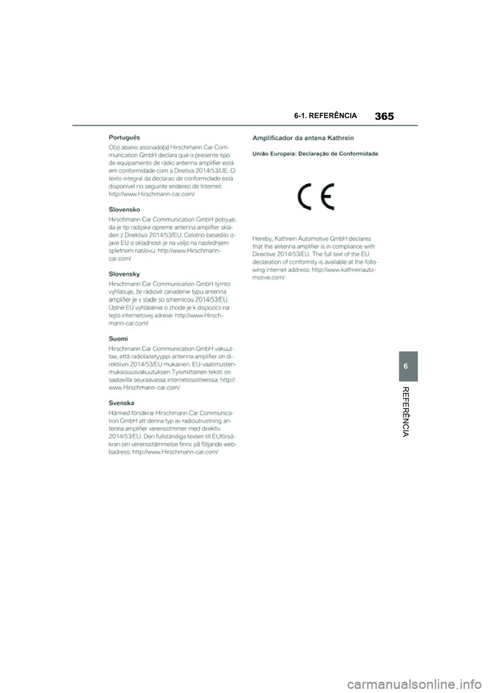 TOYOTA SUPRA 2019  Manual de utilização (in Portuguese) 365
6
Supra Owner's Manual 6-1. REFERÊNCIA
REFERÊNCIA
Supra_OM_Europe_OM99T05PT_1_1903.book  Page 365  Thursday, June 13, 2019  11:51 AM 