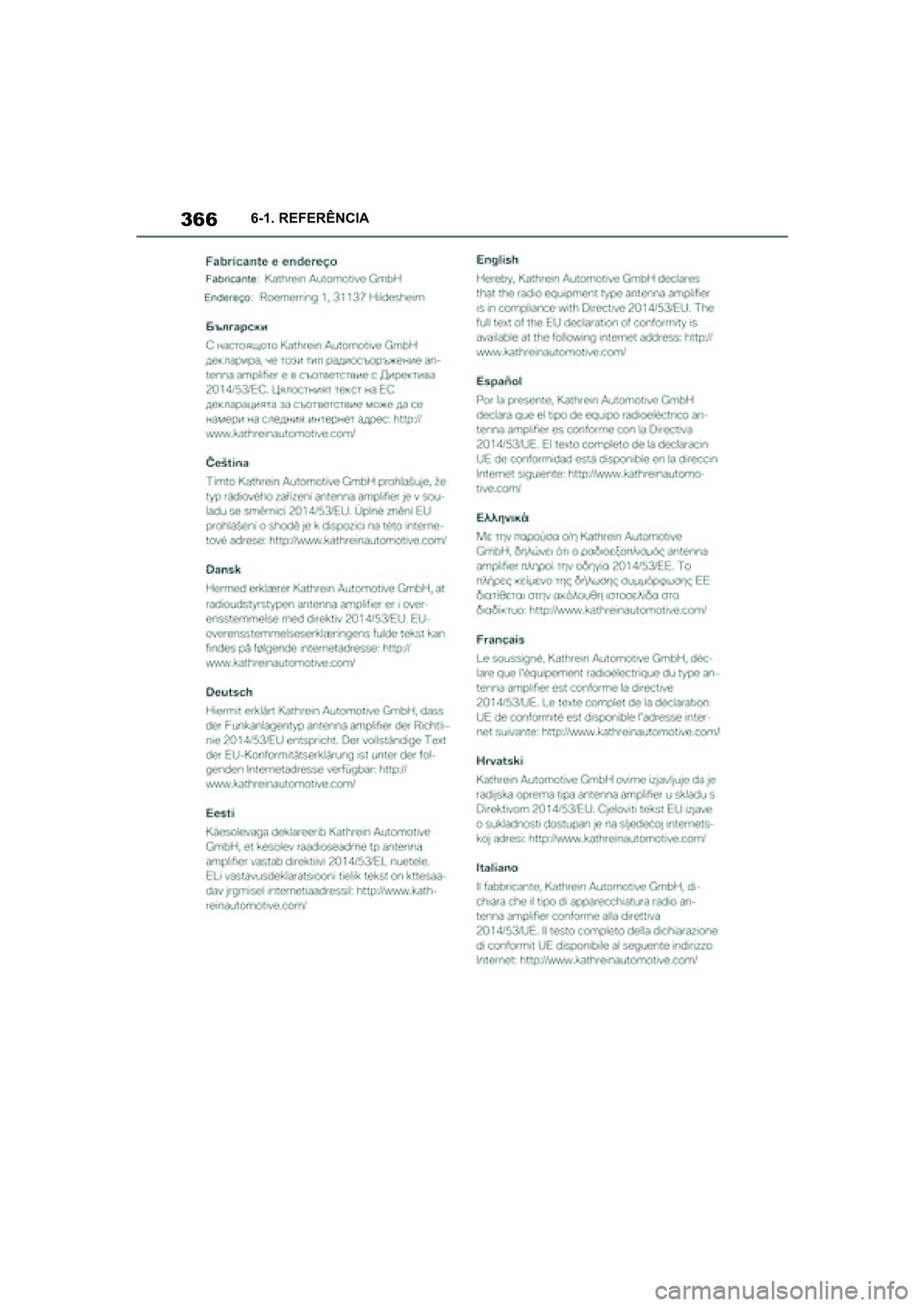 TOYOTA SUPRA 2019  Manual de utilização (in Portuguese) 366
Supra Owner's Manual6-1. REFERÊNCIA
Supra_OM_Europe_OM99T05PT_1_1903.book  Page 366  Thursday, June 13, 2019  11:51 AM 