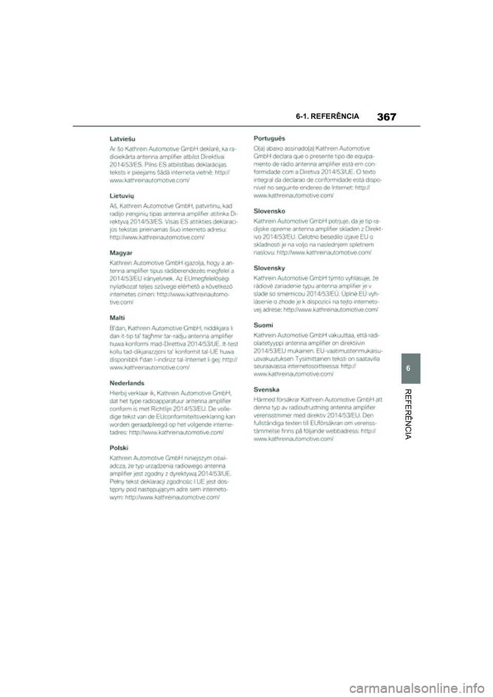 TOYOTA SUPRA 2019  Manual de utilização (in Portuguese) 367
6
Supra Owner's Manual 6-1. REFERÊNCIA
REFERÊNCIA
Supra_OM_Europe_OM99T05PT_1_1903.book  Page 367  Thursday, June 13, 2019  11:51 AM 