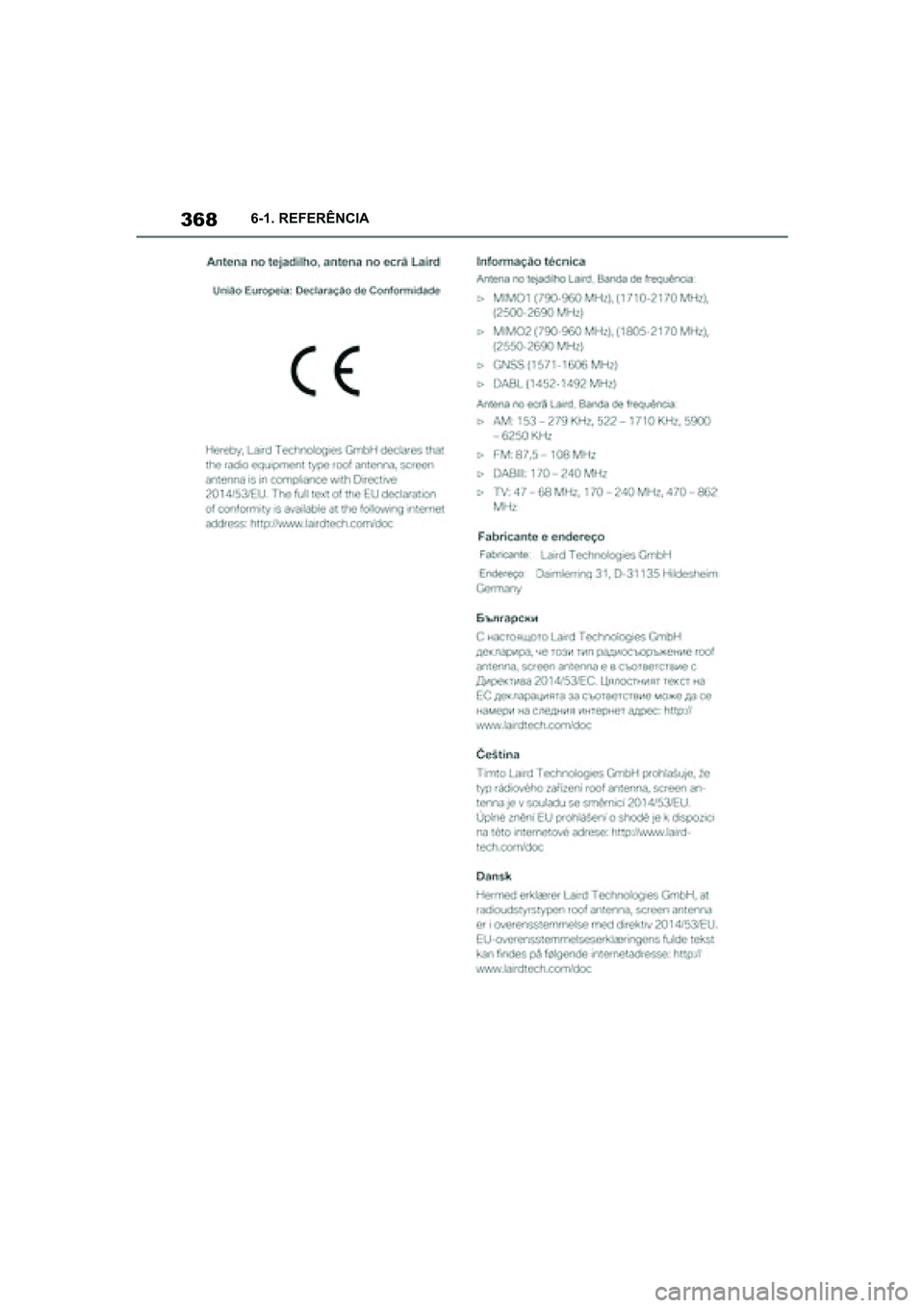 TOYOTA SUPRA 2019  Manual de utilização (in Portuguese) 368
Supra Owner's Manual6-1. REFERÊNCIA
Supra_OM_Europe_OM99T05PT_1_1903.book  Page 368  Thursday, June 13, 2019  11:51 AM 