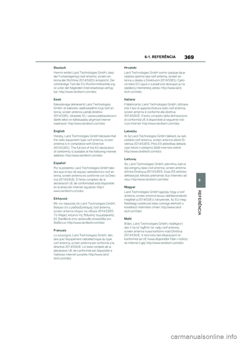 TOYOTA SUPRA 2019  Manual de utilização (in Portuguese) 369
6
Supra Owner's Manual 6-1. REFERÊNCIA
REFERÊNCIA
Supra_OM_Europe_OM99T05PT_1_1903.book  Page 369  Thursday, June 13, 2019  11:51 AM 