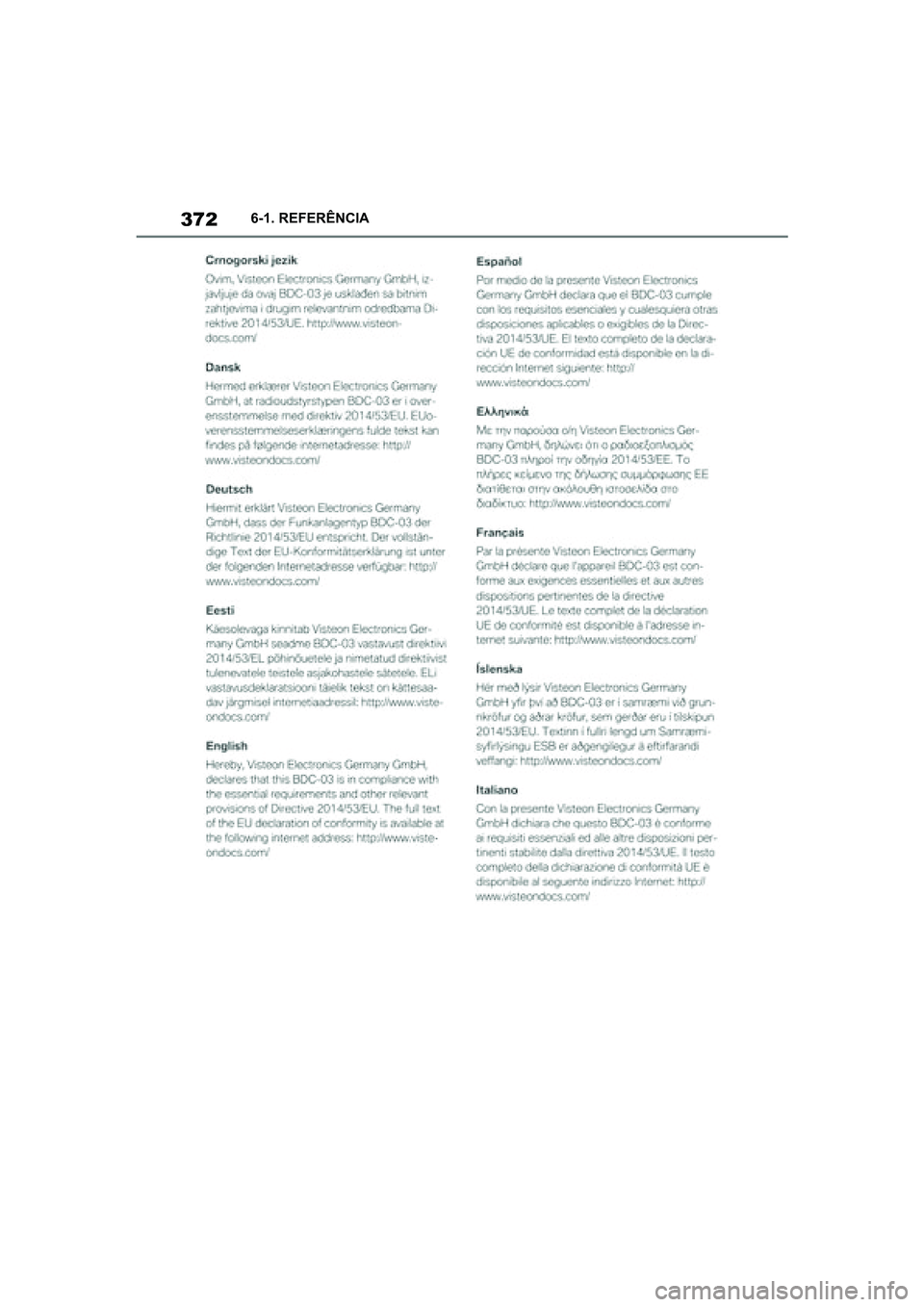 TOYOTA SUPRA 2019  Manual de utilização (in Portuguese) 372
Supra Owner's Manual6-1. REFERÊNCIA
Supra_OM_Europe_OM99T05PT_1_1903.book  Page 372  Thursday, June 13, 2019  11:51 AM 