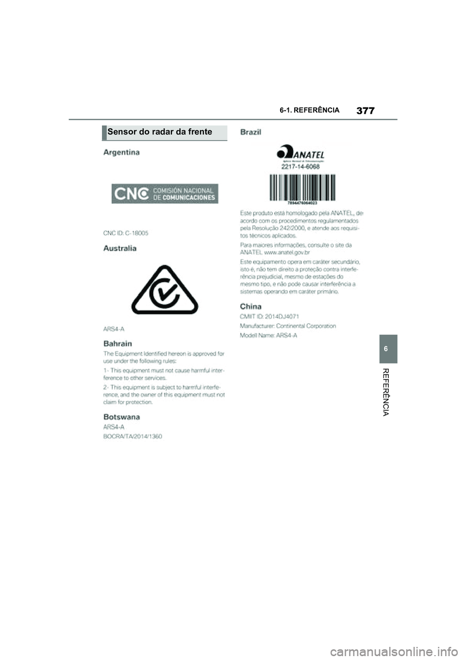 TOYOTA SUPRA 2019  Manual de utilização (in Portuguese) 377
6
Supra Owner's Manual 6-1. REFERÊNCIA
REFERÊNCIA
Sensor do radar da frente
Supra_OM_Europe_OM99T05PT_1_1903.book  Page 377  Thursday, June 13, 2019  11:51 AM 