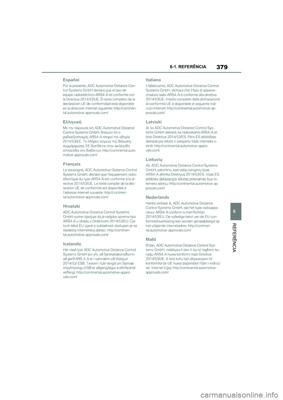 TOYOTA SUPRA 2019  Manual de utilização (in Portuguese) 379
6
Supra Owner's Manual 6-1. REFERÊNCIA
REFERÊNCIA
Supra_OM_Europe_OM99T05PT_1_1903.book  Page 379  Thursday, June 13, 2019  11:51 AM 