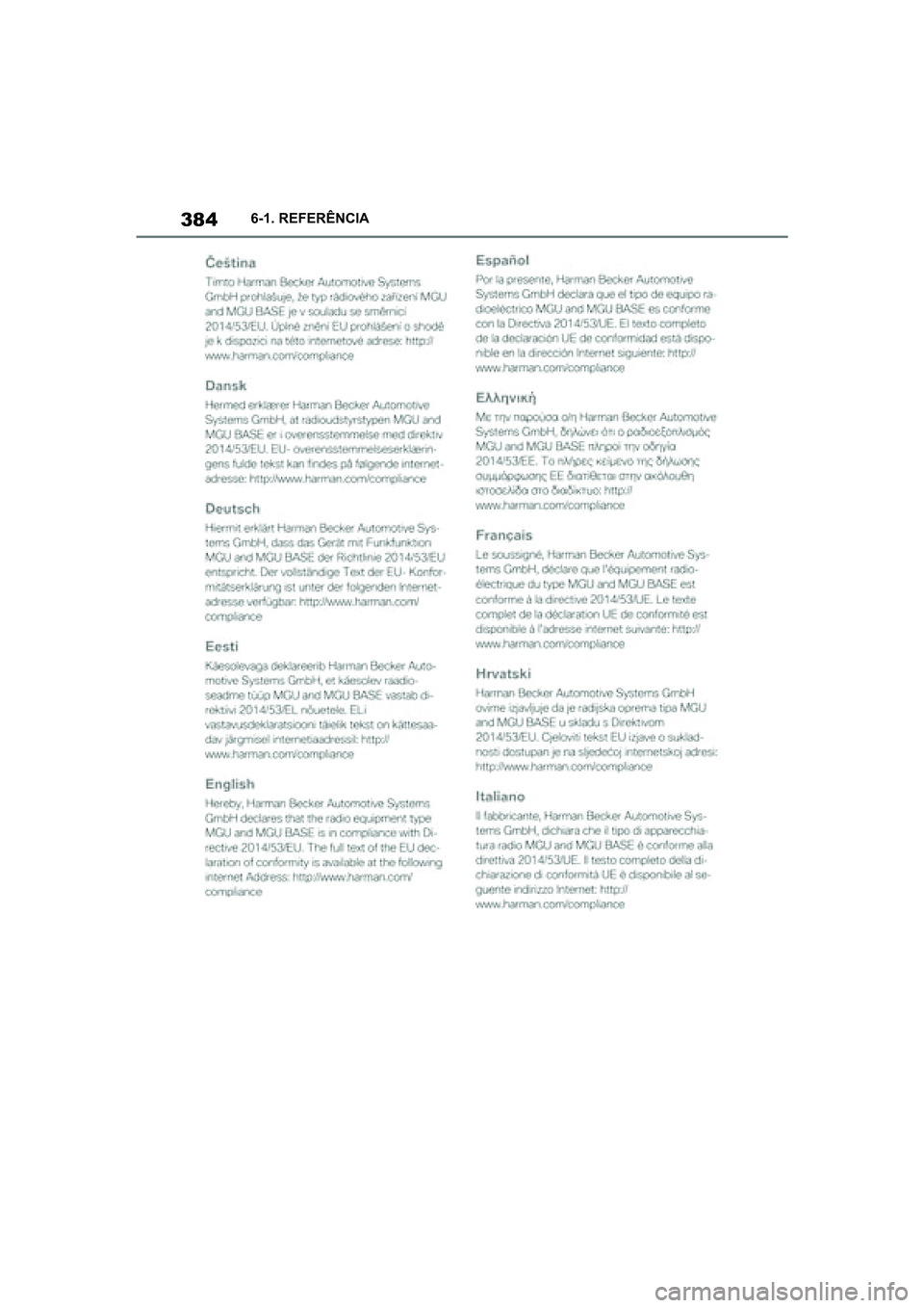TOYOTA SUPRA 2019  Manual de utilização (in Portuguese) 384
Supra Owner's Manual6-1. REFERÊNCIA
Supra_OM_Europe_OM99T05PT_1_1903.book  Page 384  Thursday, June 13, 2019  11:51 AM 