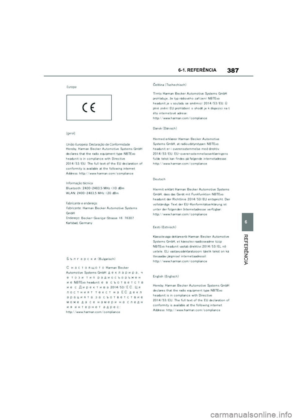 TOYOTA SUPRA 2019  Manual de utilização (in Portuguese) 387
6
Supra Owner's Manual 6-1. REFERÊNCIA
REFERÊNCIA
Supra_OM_Europe_OM99T05PT_1_1903.book  Page 387  Thursday, June 13, 2019  11:51 AM 