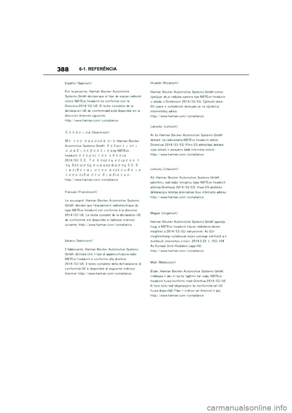 TOYOTA SUPRA 2019  Manual de utilização (in Portuguese) 388
Supra Owner's Manual6-1. REFERÊNCIA
Supra_OM_Europe_OM99T05PT_1_1903.book  Page 388  Thursday, June 13, 2019  11:51 AM 