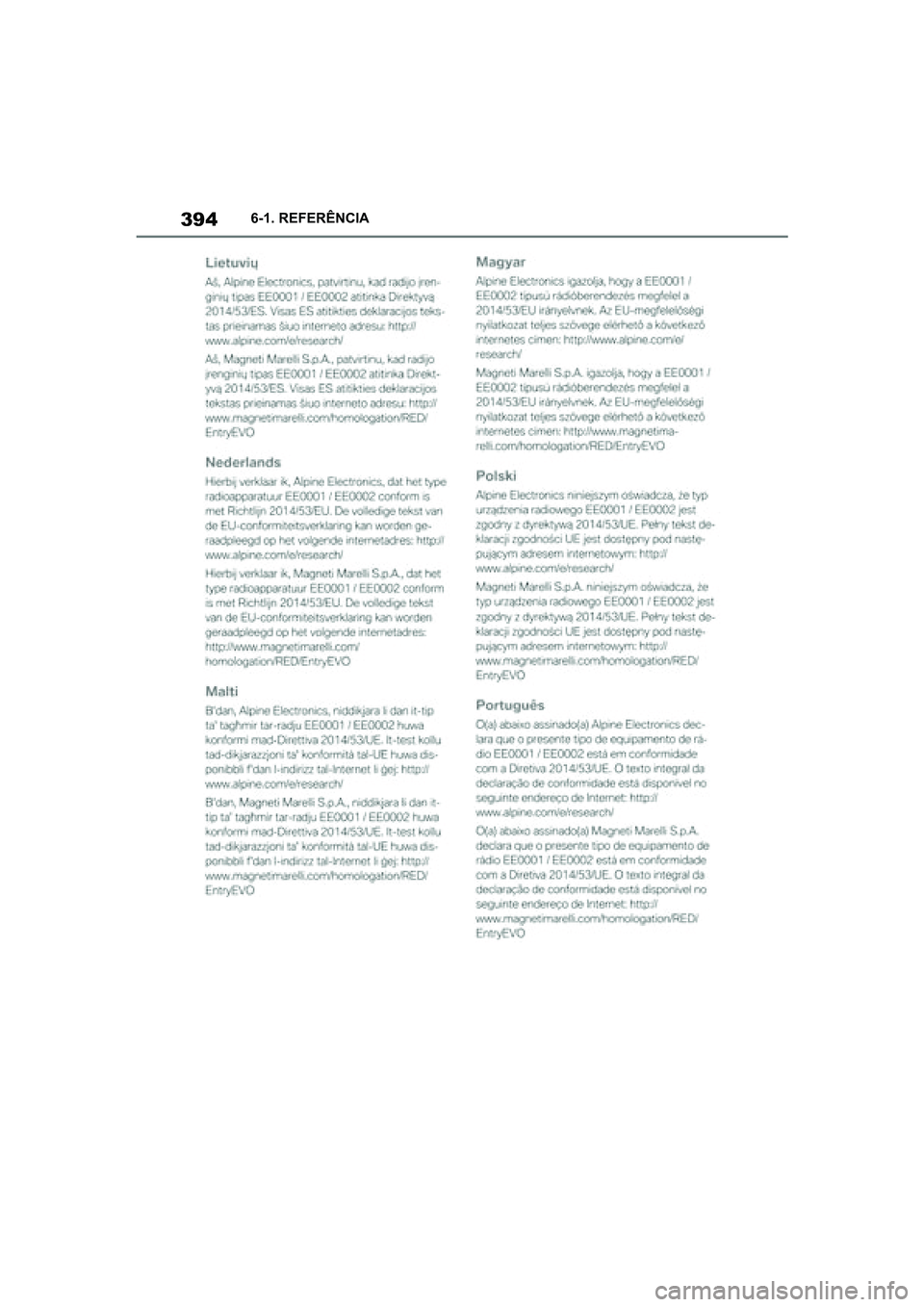 TOYOTA SUPRA 2019  Manual de utilização (in Portuguese) 394
Supra Owner's Manual6-1. REFERÊNCIA
Supra_OM_Europe_OM99T05PT_1_1903.book  Page 394  Thursday, June 13, 2019  11:51 AM 