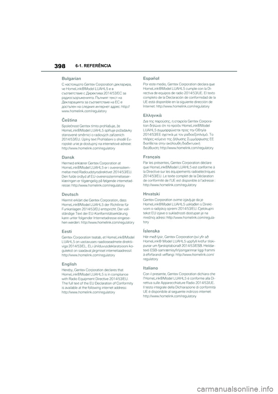 TOYOTA SUPRA 2019  Manual de utilização (in Portuguese) 398
Supra Owner's Manual6-1. REFERÊNCIA
Supra_OM_Europe_OM99T05PT_1_1903.book  Page 398  Thursday, June 13, 2019  11:51 AM 