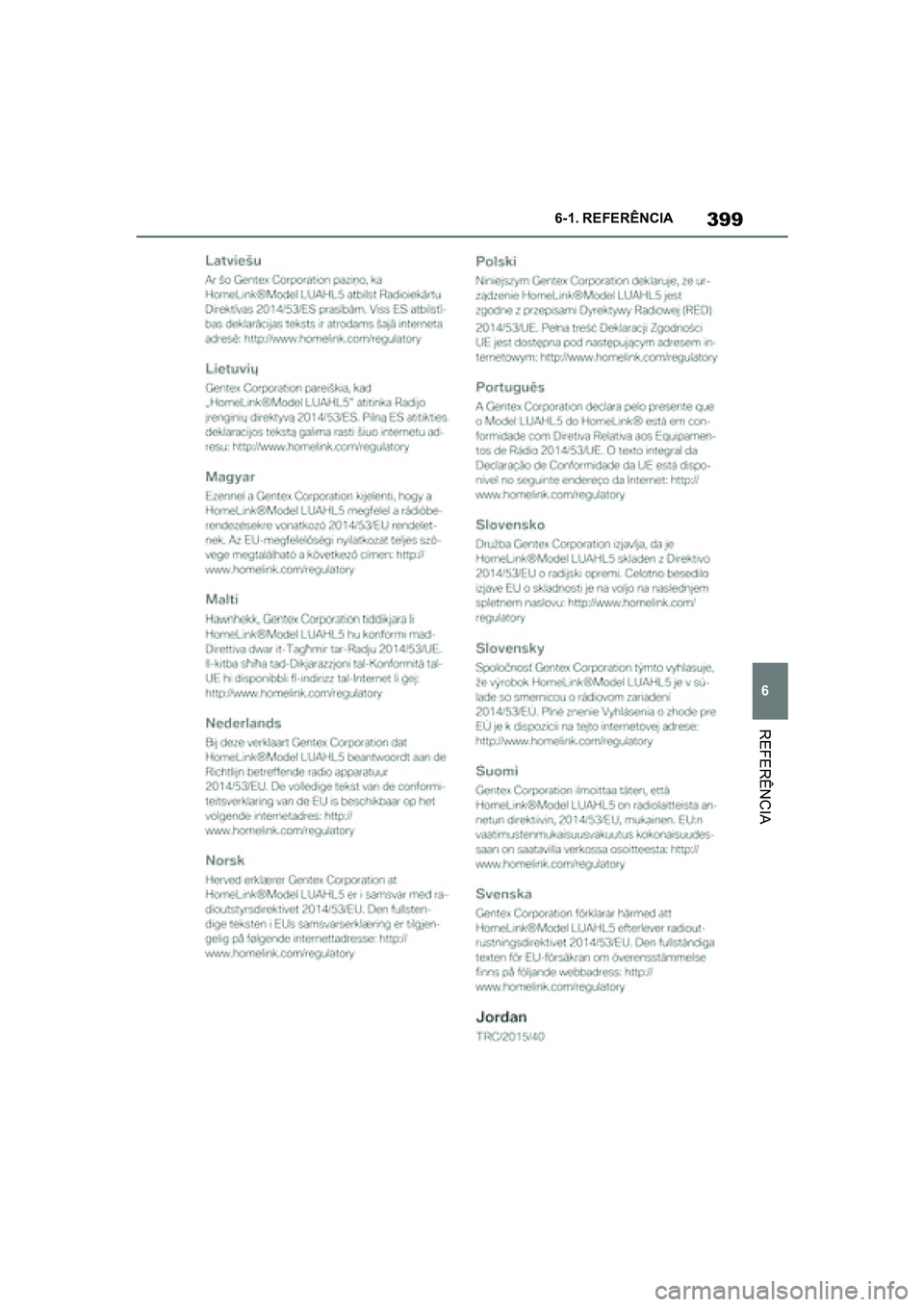 TOYOTA SUPRA 2019  Manual de utilização (in Portuguese) 399
6
Supra Owner's Manual 6-1. REFERÊNCIA
REFERÊNCIA
Supra_OM_Europe_OM99T05PT_1_1903.book  Page 399  Thursday, June 13, 2019  11:51 AM 
