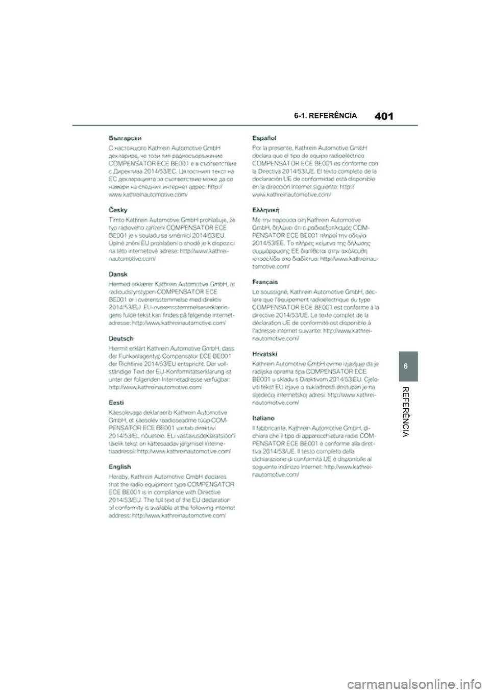 TOYOTA SUPRA 2019  Manual de utilização (in Portuguese) 401
6
Supra Owner's Manual 6-1. REFERÊNCIA
REFERÊNCIA
Supra_OM_Europe_OM99T05PT_1_1903.book  Page 401  Thursday, June 13, 2019  11:51 AM 