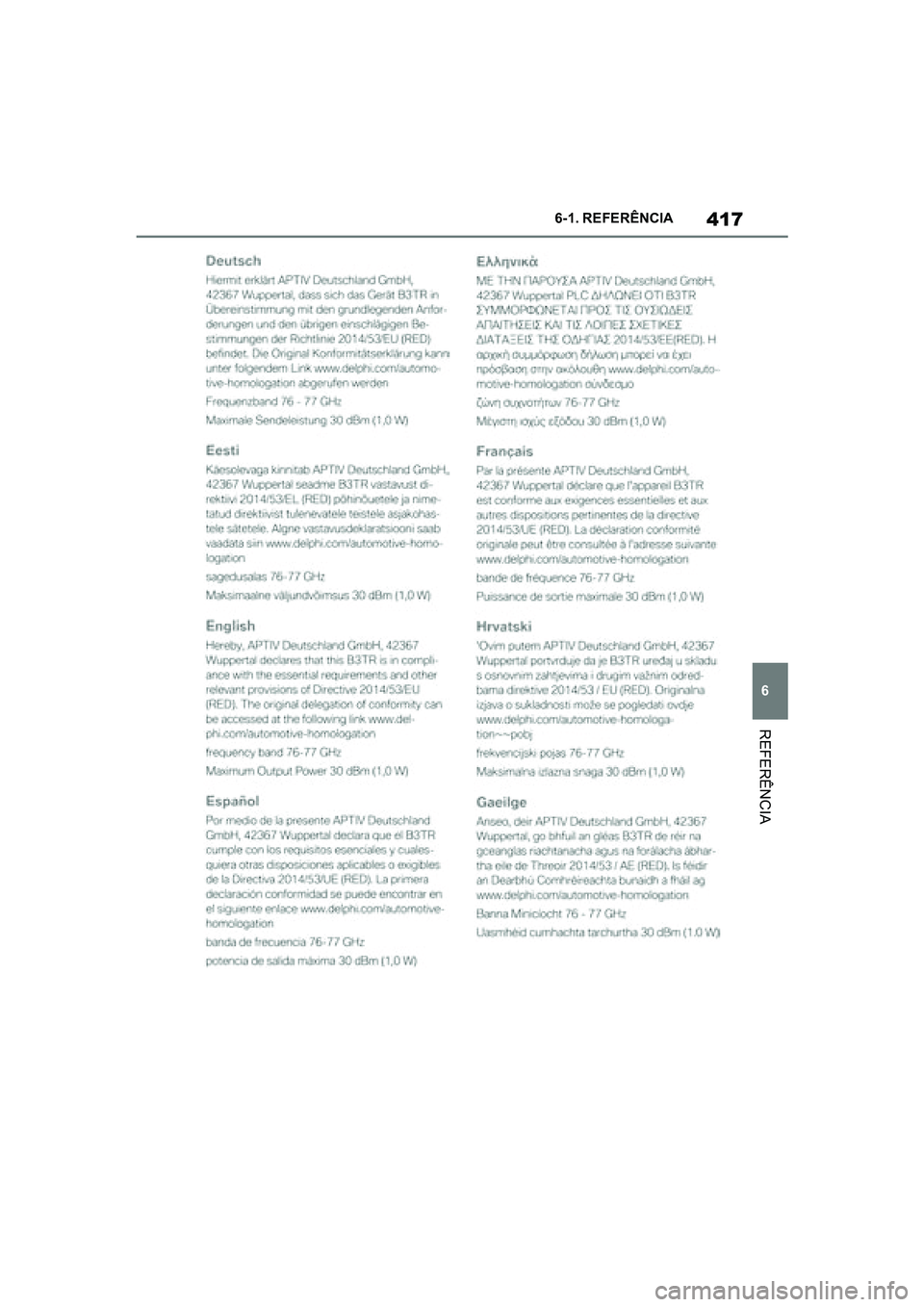 TOYOTA SUPRA 2019  Manual de utilização (in Portuguese) 417
6
Supra Owner's Manual 6-1. REFERÊNCIA
REFERÊNCIA
Supra_OM_Europe_OM99T05PT_1_1903.book  Page 417  Thursday, June 13, 2019  11:51 AM 