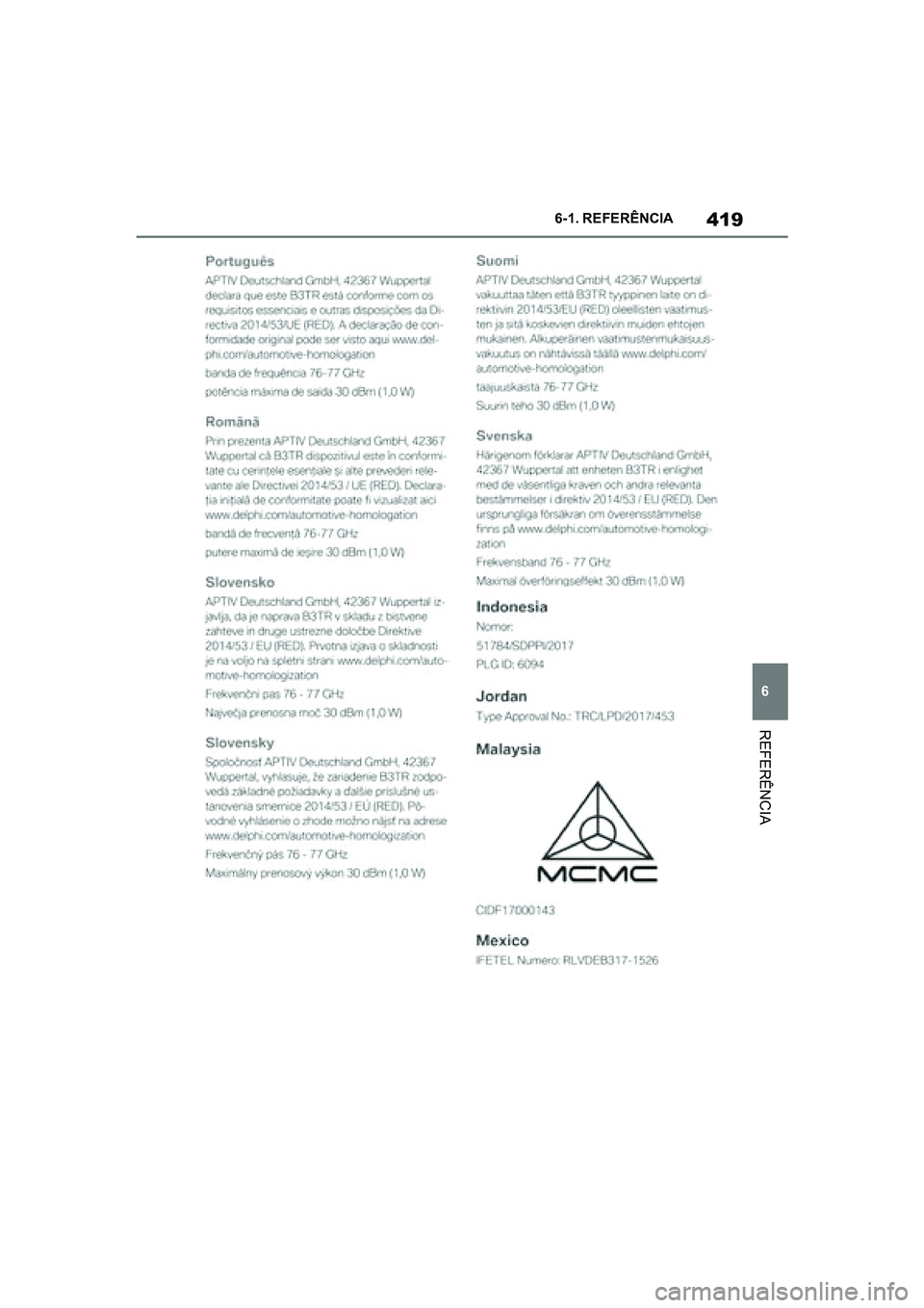 TOYOTA SUPRA 2019  Manual de utilização (in Portuguese) 419
6
Supra Owner's Manual 6-1. REFERÊNCIA
REFERÊNCIA
Supra_OM_Europe_OM99T05PT_1_1903.book  Page 419  Thursday, June 13, 2019  11:51 AM 