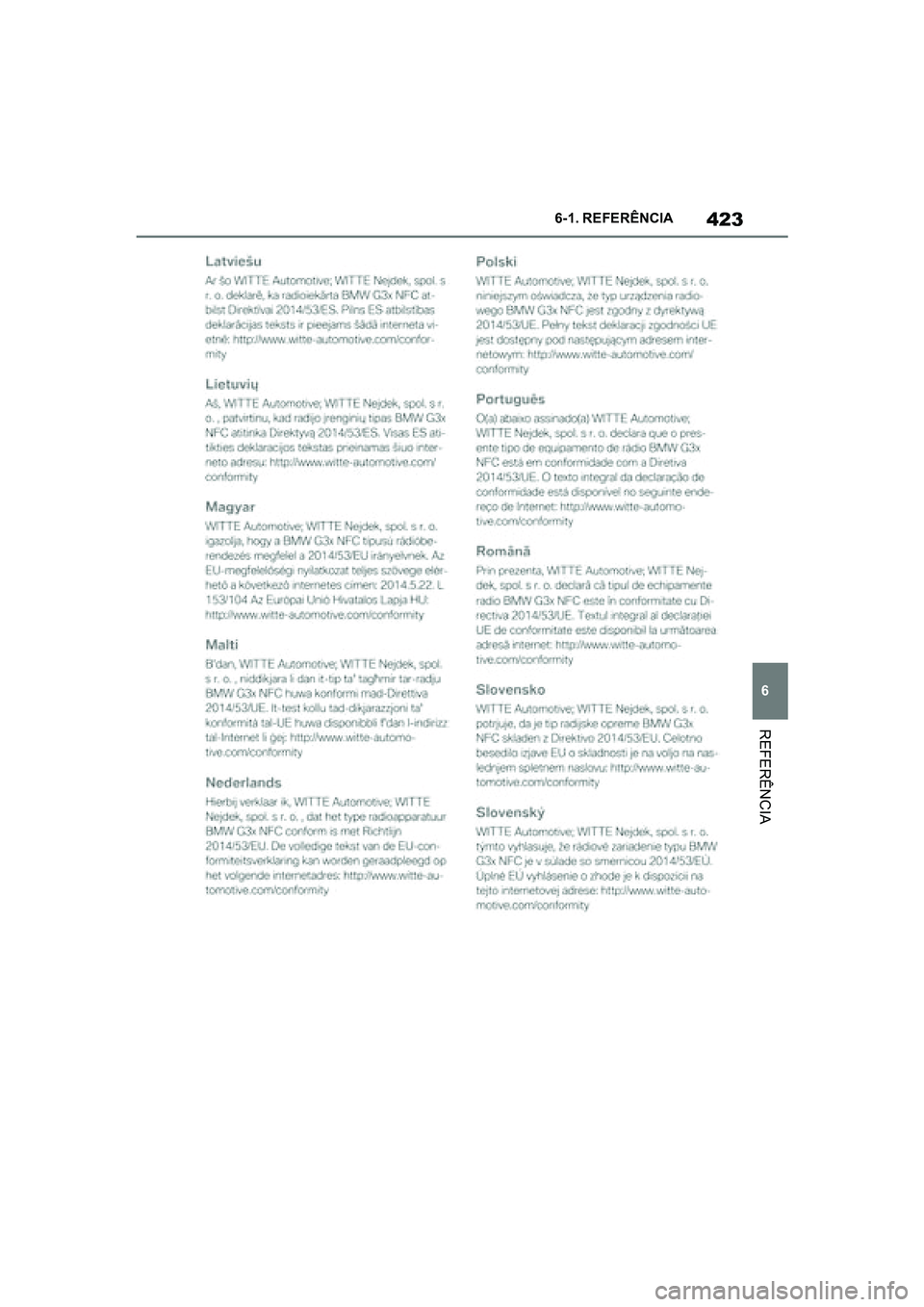 TOYOTA SUPRA 2019  Manual de utilização (in Portuguese) 423
6
Supra Owner's Manual 6-1. REFERÊNCIA
REFERÊNCIA
Supra_OM_Europe_OM99T05PT_1_1903.book  Page 423  Thursday, June 13, 2019  11:51 AM 