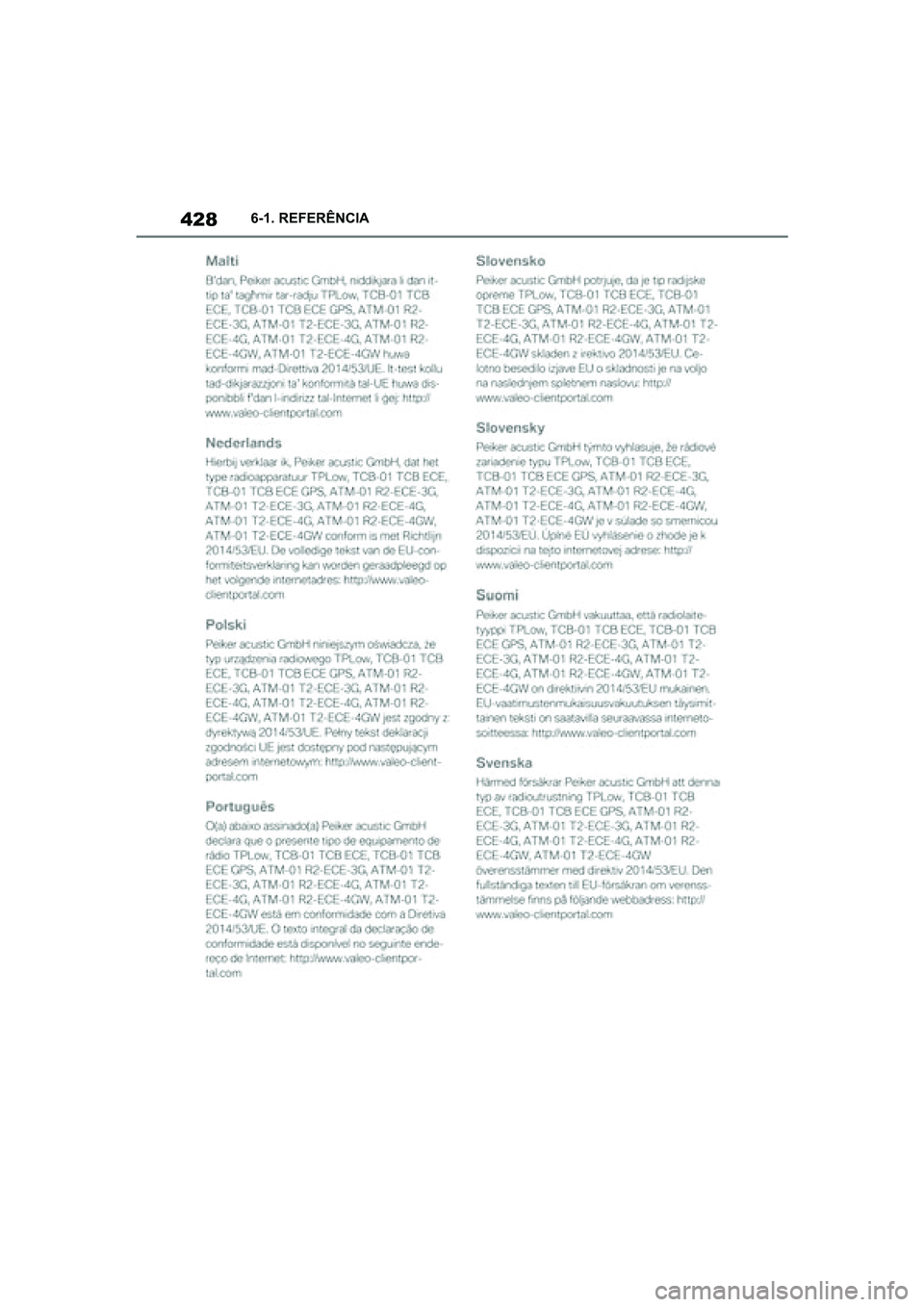 TOYOTA SUPRA 2019  Manual de utilização (in Portuguese) 428
Supra Owner's Manual6-1. REFERÊNCIA
Supra_OM_Europe_OM99T05PT_1_1903.book  Page 428  Thursday, June 13, 2019  11:51 AM 