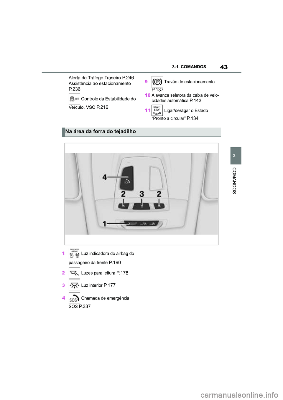 TOYOTA SUPRA 2019 Manual de utilização (in Portuguese) 43
3
Supra Owner's Manual 3-1. COMANDOS
COMANDOS
Alerta de Tráfego Traseiro P.246
Assistência ao estacionamento
P.236
Controlo da Estabilidade do
Veículo, VSC
P.216
9 Travão de esta TOYOTA SUPRA 2019 Manual de utilização (in Portuguese) 43
3
Supra Owner's Manual 3-1. COMANDOS
COMANDOS
Alerta de Tráfego Traseiro P.246
Assistência ao estacionamento
P.236
Controlo da Estabilidade do
Veículo, VSC
P.216
9 Travão de esta